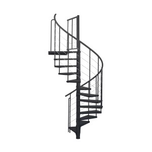 Schwarze Minka Spindeltreppe Spino Smart, Ø 120 cm, aus Metall mit Edelstahlgeländer für den Innenbereich.