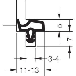 Schnittzeichnung Primo Türdichtung Lignum 34, Holzzarge, 3-4 mm, weiße Dichtung im Detail.