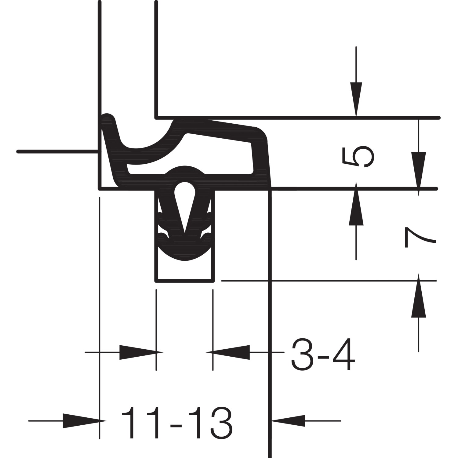 Schnittzeichnung Primo Türdichtung Lignum 34, Holzzarge, 3-4 mm, weiße Dichtung im Detail.