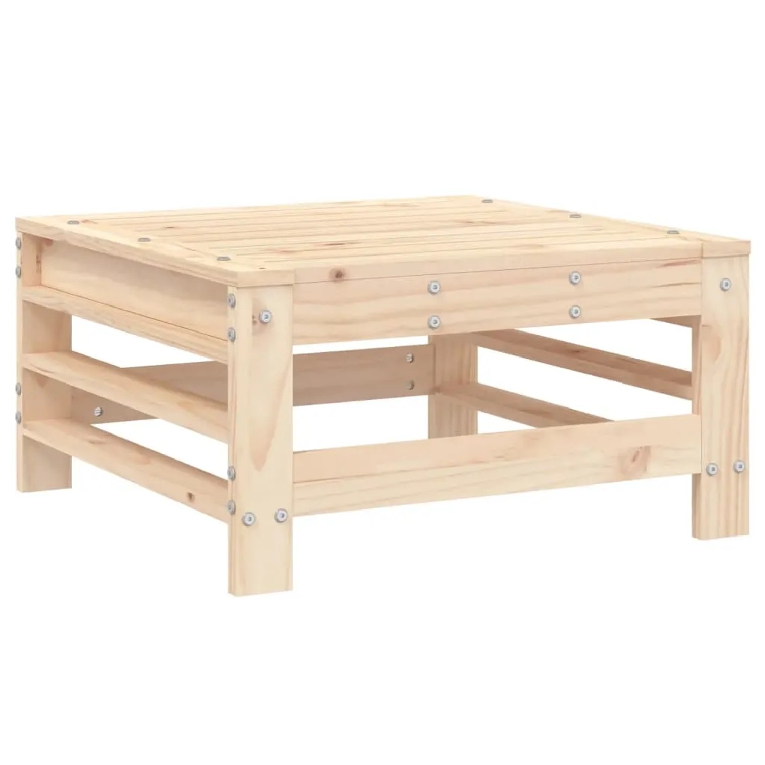 Quadratischer Hocker/Tisch aus unbehandeltem Kiefernholz, Teil des vidaXL Garten-Lounge-Sets.