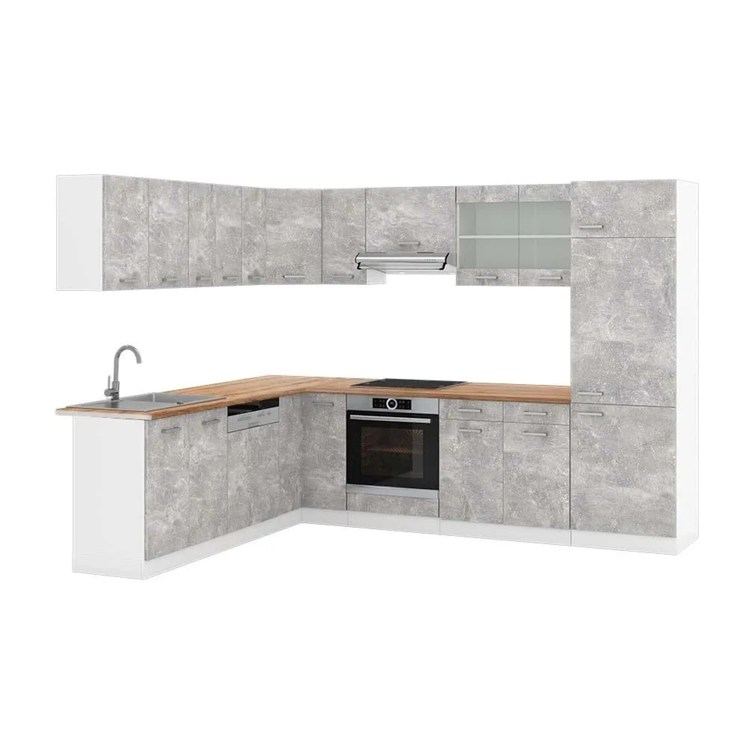 Vicco Eckküche R-Line Beton/Weiß 287 x 82, AP Eiche