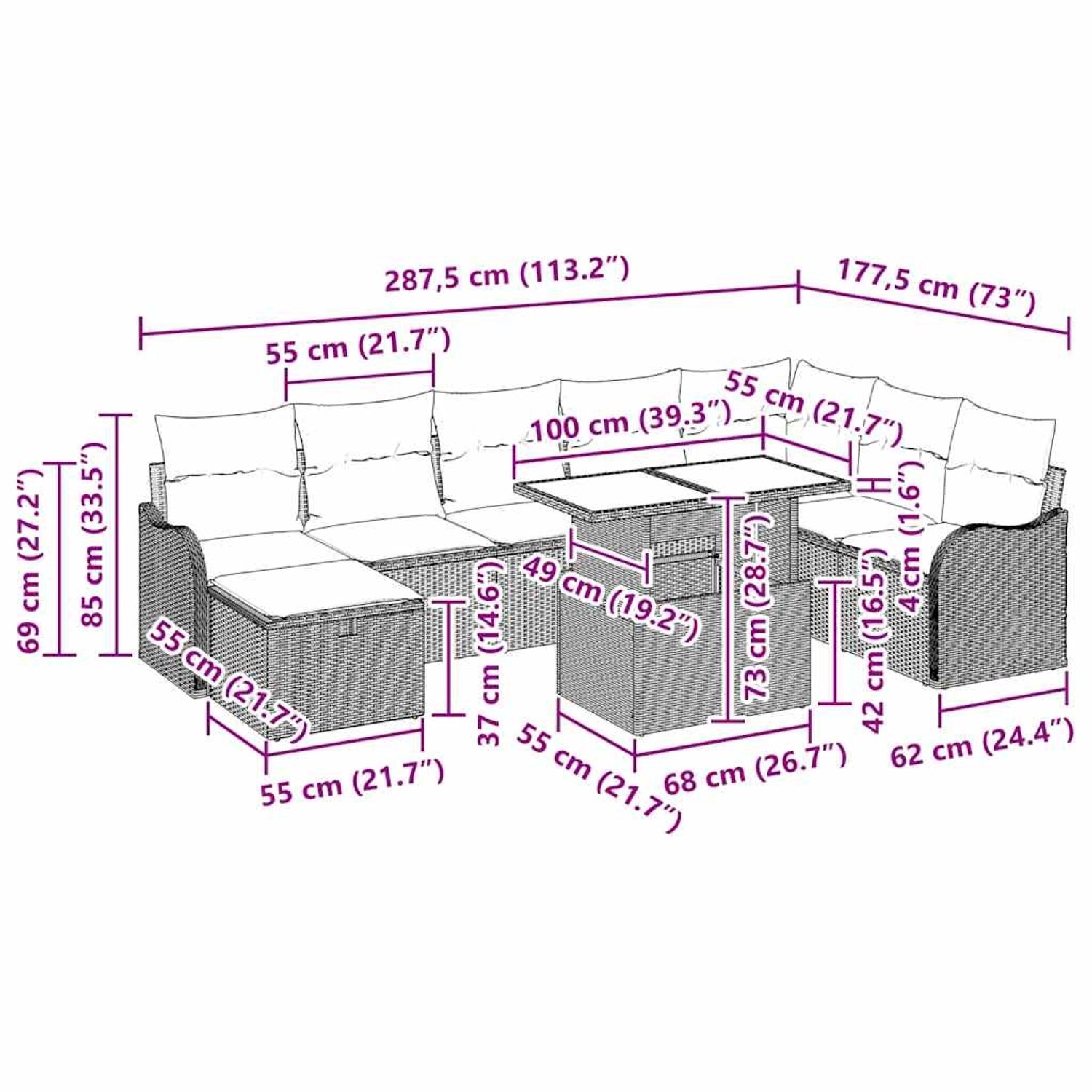 vidaXL Garten-Sofa-Set 9-tlg hellgrau Poly Rattan, Maße und Details im Bild.