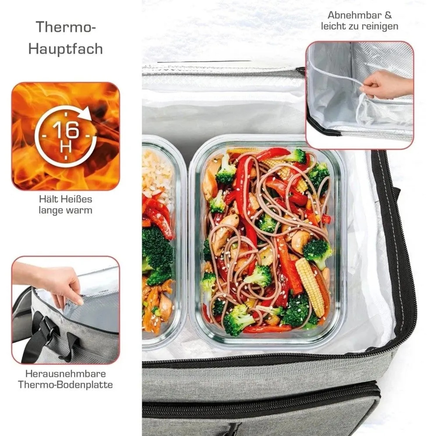Graue Bomoe Kühltasche IceBreezer (45L) mit Speisen in Glasbehältern.