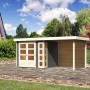 Karibu Holz-Gartenhaus Sölve, terragrau, mit Flachdach und Anbau. Lackiertes Holz, moderne Optik.