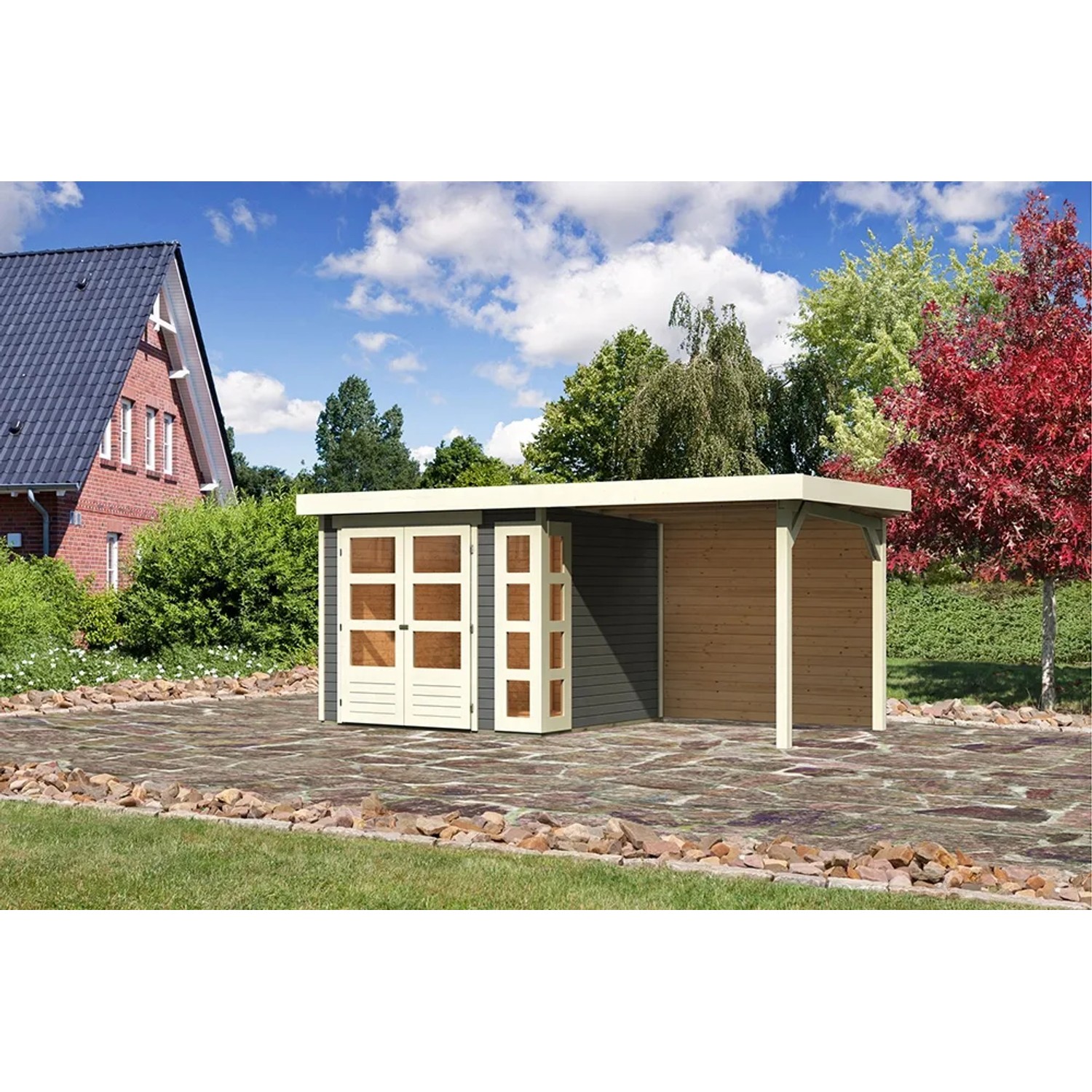Karibu Holz-Gartenhaus Sölve, terragrau, mit Flachdach und Anbau. Lackiertes Holz, moderne Optik.