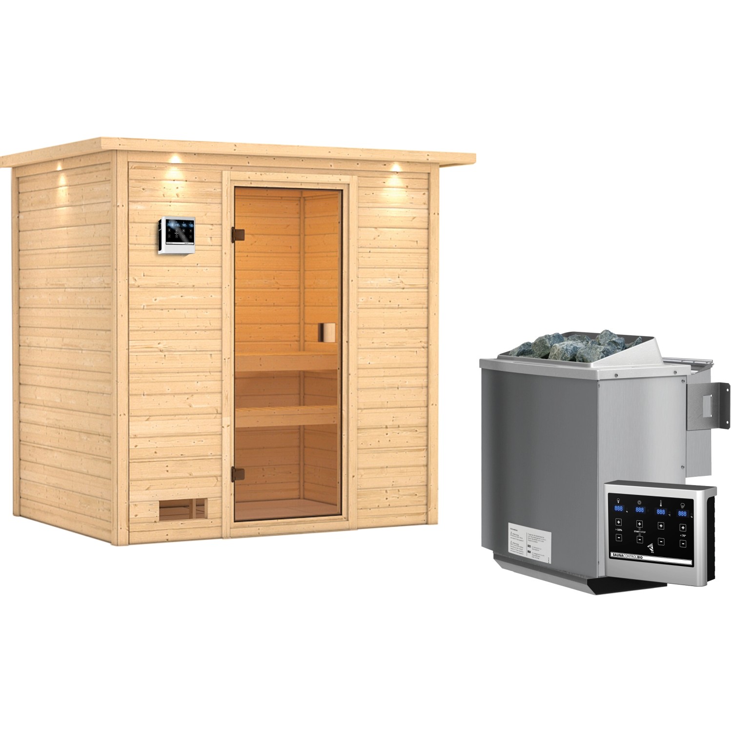 Woodfeeling Sauna Selena inkl. 9 kW Bio-Ofen mit ext. Strg., LED-Dachkranz