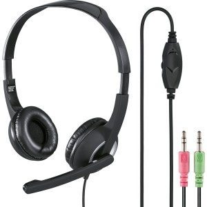 Schwarzes Hama PC-Office-Headset HS-P150 Stereo mit Mikrofon und Kabel.