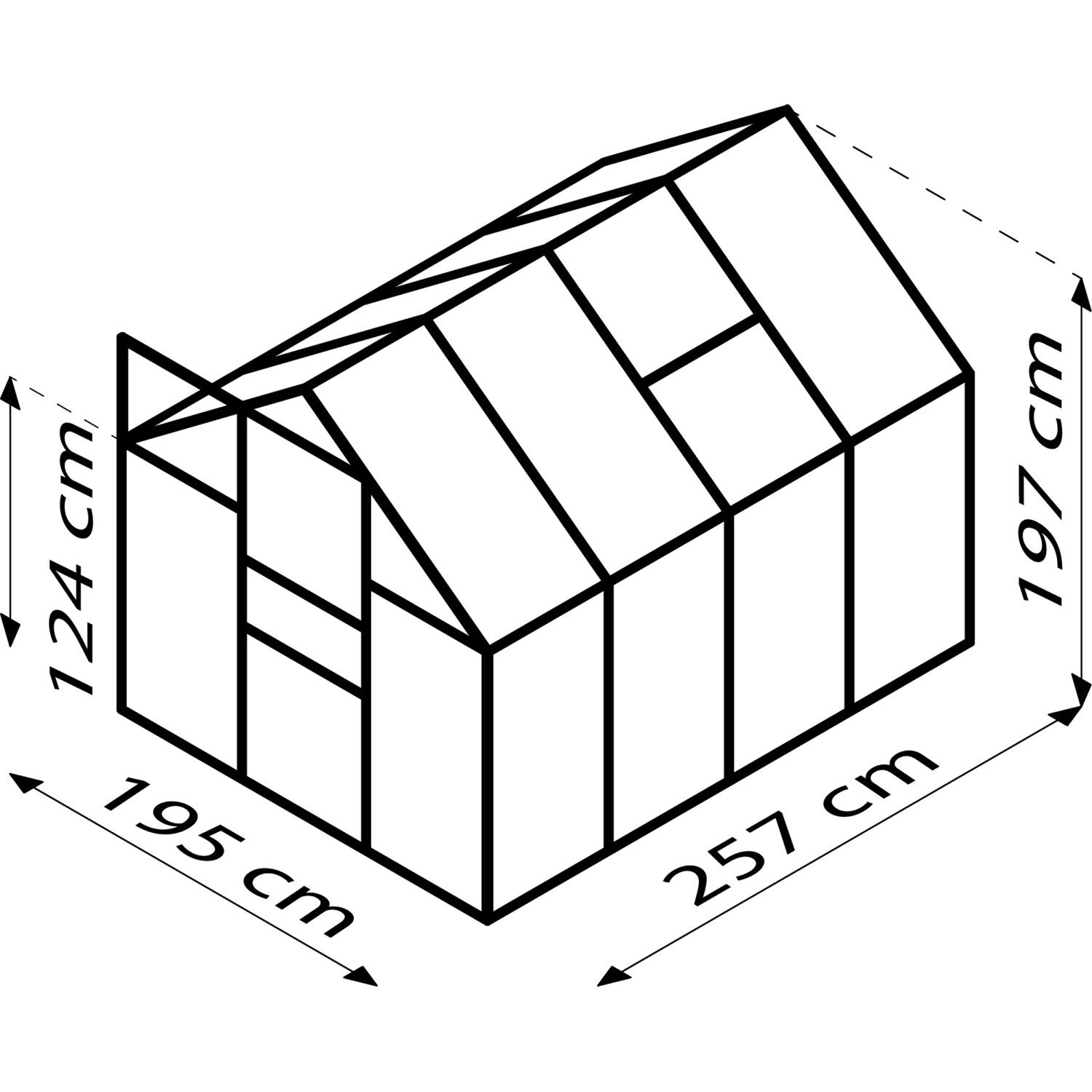 Skizze des Vitavia Venus 5000 Gewächshauses mit Maßangaben (Höhe 197cm, Breite 195cm, Tiefe 257cm).