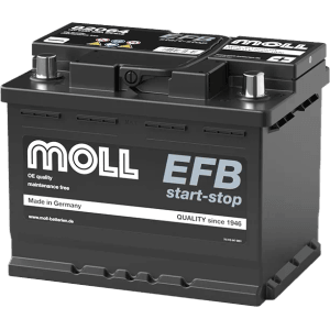 Schwarze MOLL EFB Start-Stop Starterbatterie 12V 64Ah mit 620A Kaltstartstrom.