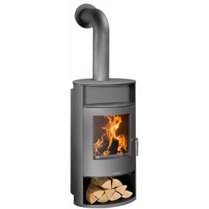 Justus Island Aqua Kaminofen aus Stahl, 10 kW, mit Holzscheiten im unteren Fach.