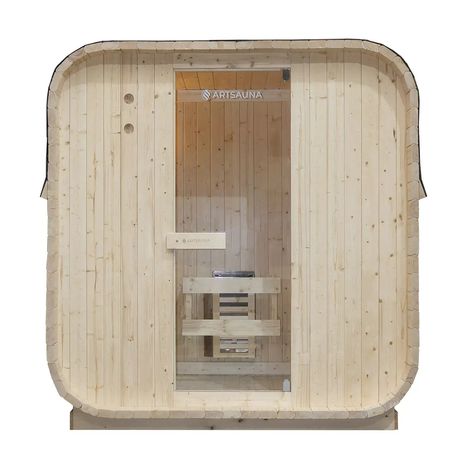 Artsauna Cube Fasssauna Nolvik M: Quadratische Gartensauna aus Fichtenholz mit Glastür.