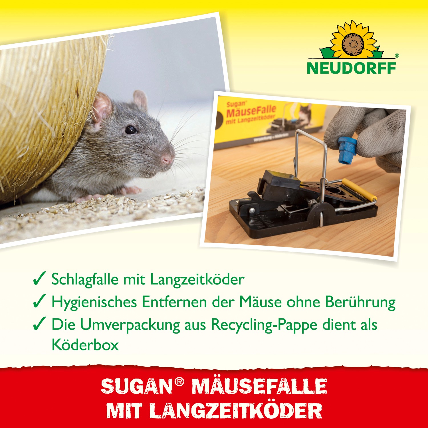 Neudorff Sugan Mäusefalle mit Langzeitköder, Detailansicht mit Maus und Falle.