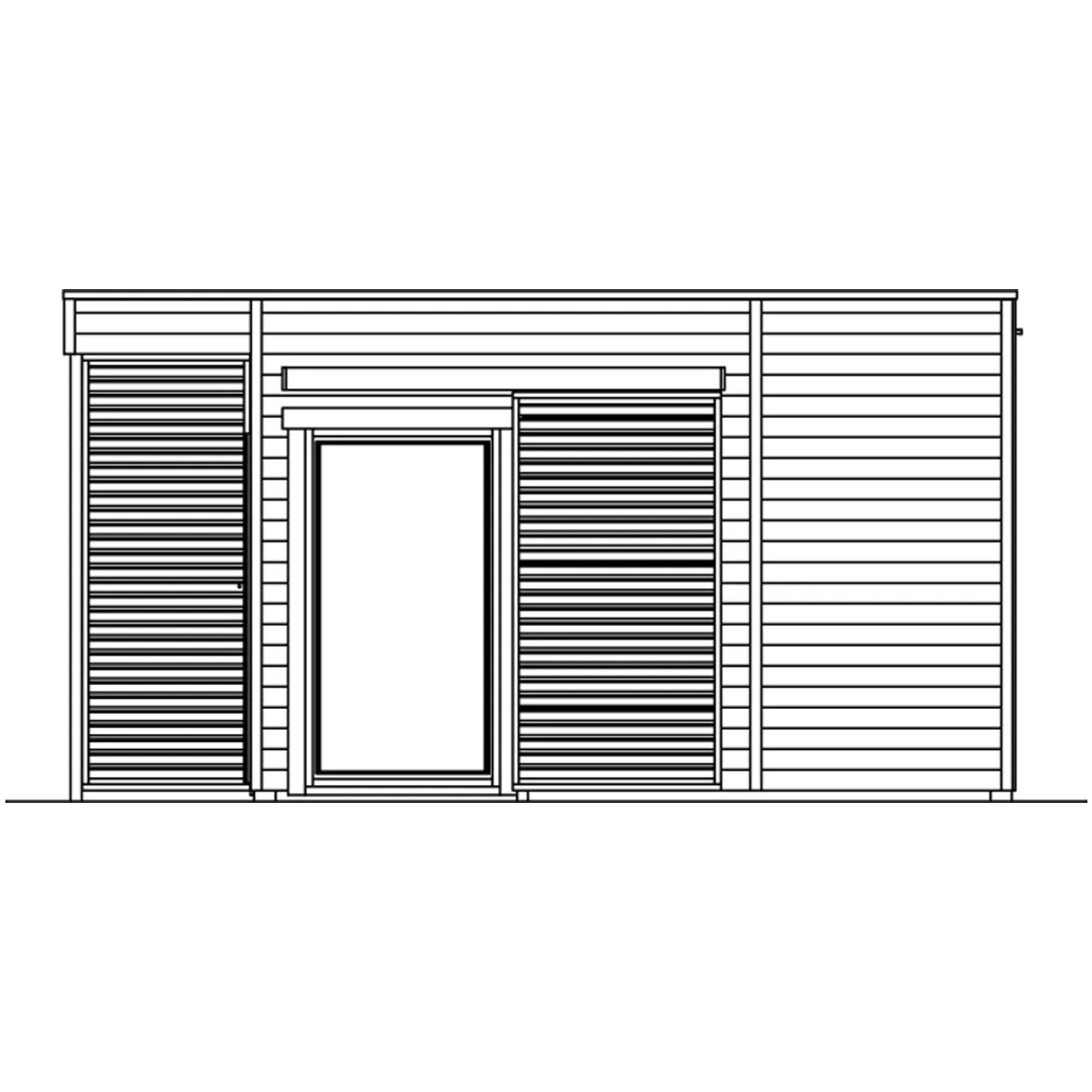 Illustration des Skan Holz Gartenhaus Tokio 4, 402x402 cm, unbehandeltes Holz.