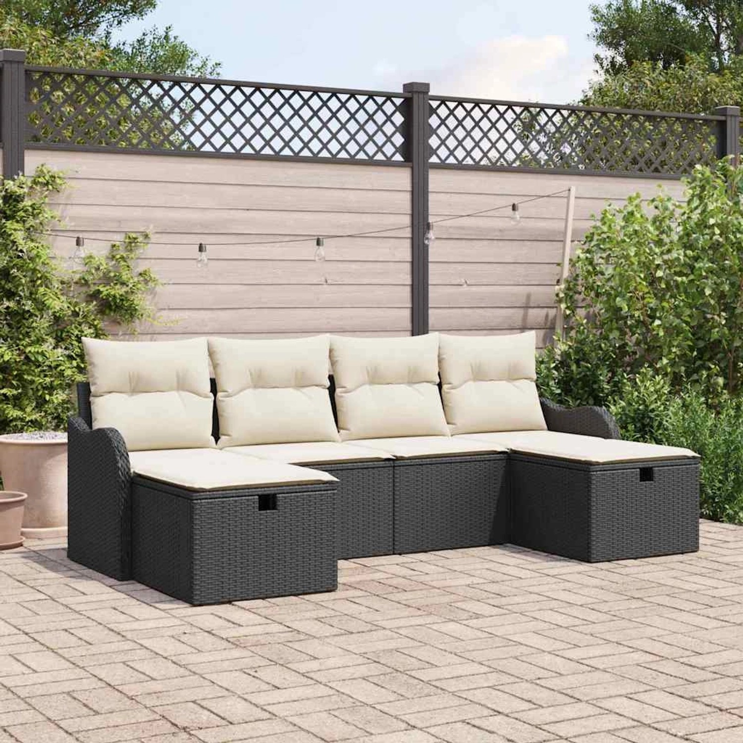Schwarzes 6-teiliges Garten-Sofa-Set aus Poly Rattan mit Kissen von vidaXL.