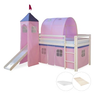 Homestyle4u Hochbett 90x200 mit Vorhang Lattenrost Matratze Rutsche Tunnel Turm Weiß 2561