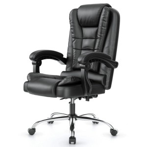 Schwarzer ergonomischer Bürostuhl mit hoher Rückenlehne, PU-Leder und Rollen. Höhenverstellbar für Komfort im Büro.