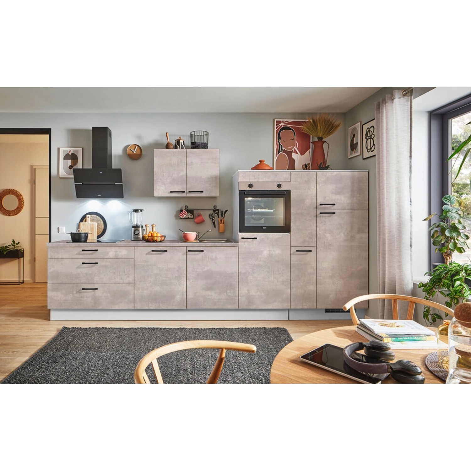 pino Küchenzeile 370 cm Beton Perlgrau Anschlag R 1 Geräte-, 1 Apothekerschrank