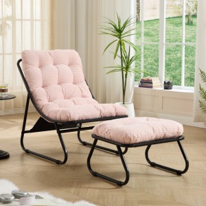 PXloue Schaukelstuhl mit Dickem Kissen und Hocker Metallrahmen für Garten Balkon Wohnzimmer Rosa