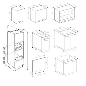Skizze der Vicco R-Line Küchenzeile 300cm mit Hochschrank, Maße und Details der Küchenmöbel.