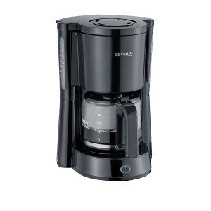 Schwarze Severin Filterkaffeemaschine KA 4815 mit Glaskanne, Schwenkfilter und Wasserstandsanzeige. Kompaktes Küchengerät.
