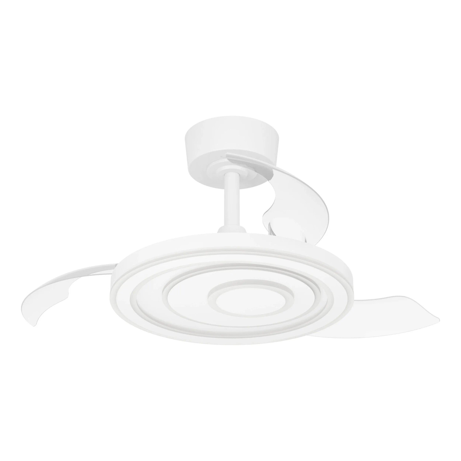 Weißer Eglo LED-Deckenventilator Riomaggiore, 77 cm, mit integrierter Leuchte und transparenten, ausziehbaren Flügeln.