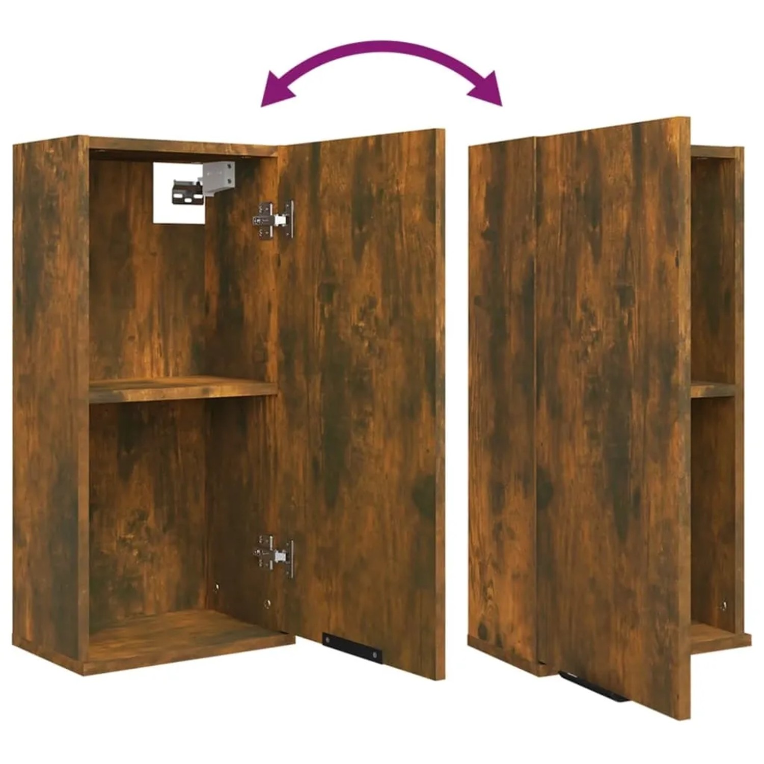 Wand-Badschrank in Räuchereiche (32x20x67 cm) mit offener und geschlossener Tür.