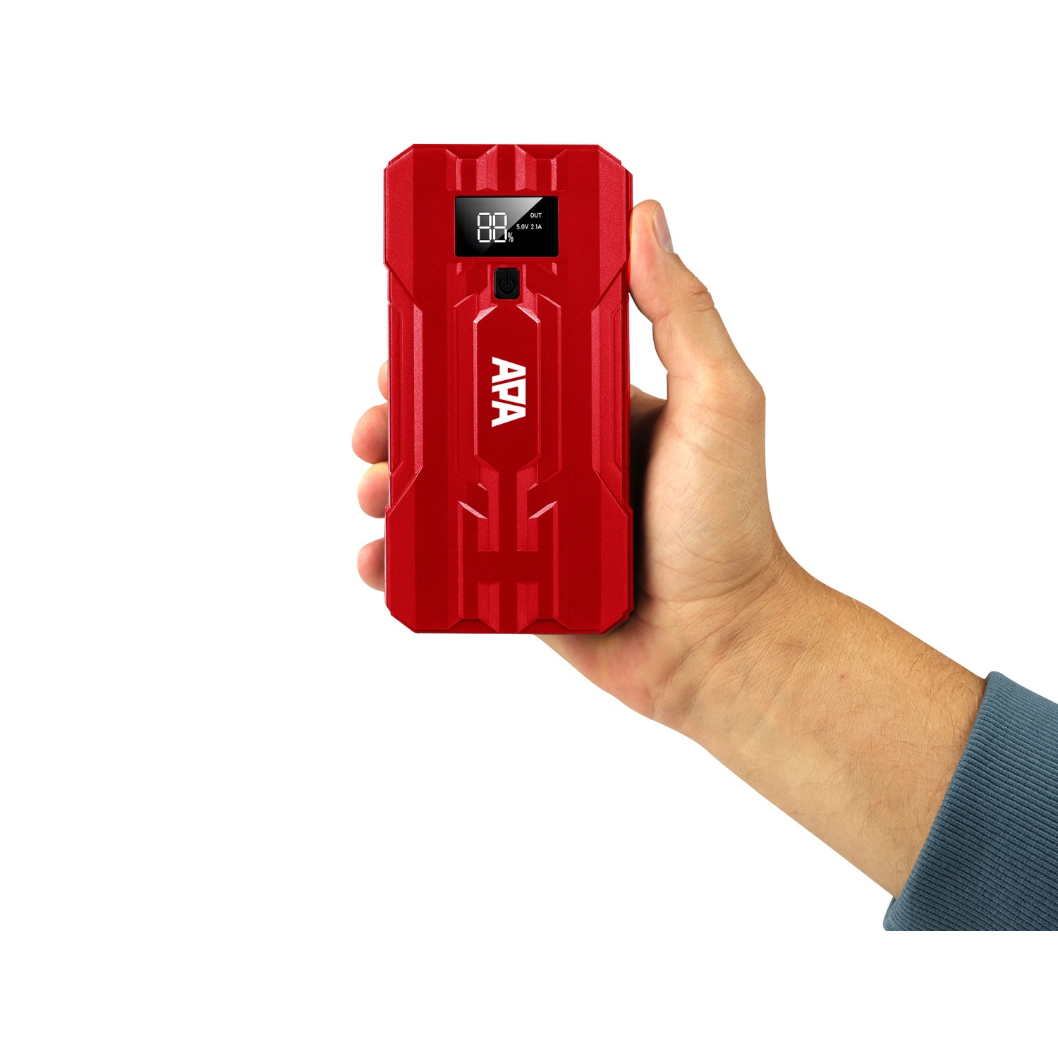 Rotes Apa Schnellstartsystem Lithium Powerpack (10.000 mAh) in Hand, Energiestation für Auto.