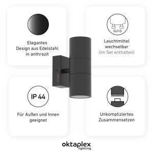 Oktaplex Chile Außenwandleuchte, Edelstahl anthrazit, mit GU10 Leuchtmitteln für stimmungsvolle Beleuchtung.
