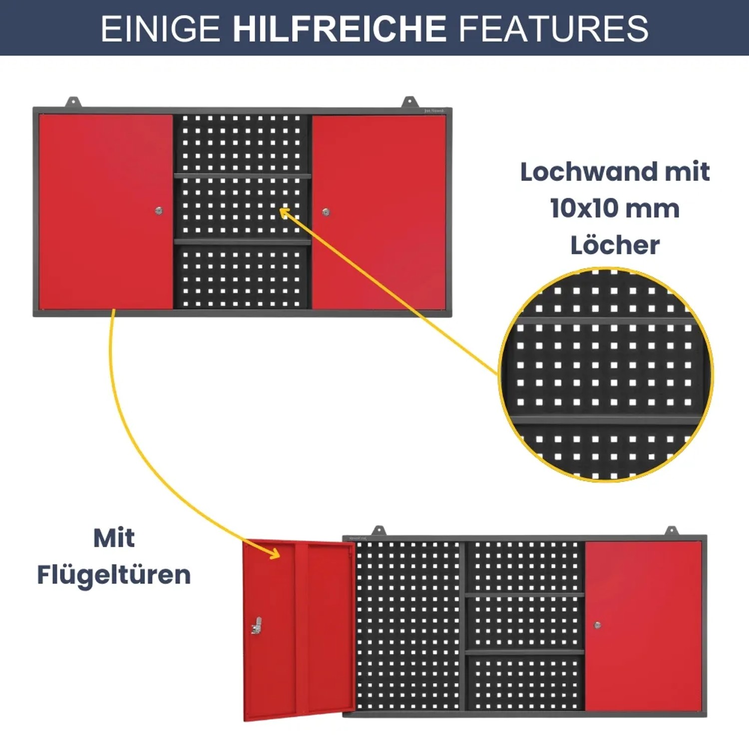 DELUKE Werkstatt Hängeschrank, anthrazit-rot, mit abschließbaren Fächern und Lochwand für Werkzeug.