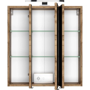 Offener Held Möbel 3D-Spiegelschrank Bari 60 cm in Wotaneiche mit Glasböden und Aufsatzleuchte.