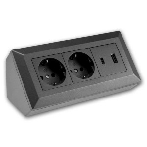 ChiliTec 2-fach Steckdosenblock Anthrazit mit USB-A & USB-C Anschlüssen für die Aufbaumontage.
