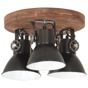 Schwarze Deckenlampe im Industriestil mit drei Lampenschirmen und Holzdetails.