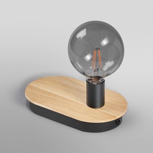 Ledvance Tischleuchte Decor Holz, braun-schwarz, mit runder Vintage-Glühbirne.