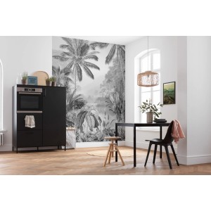 Komar Vlies Fototapete Lac Tropical Black & White, 200x280 cm, tropische Landschaft in Schwarz-Weiß.