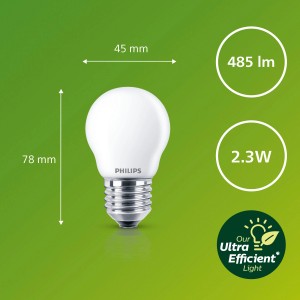 Matte Philips LED E27 Tropfenlampe, 2,3W, 485lm, 8x4,5cm. Energiesparend und langlebig.