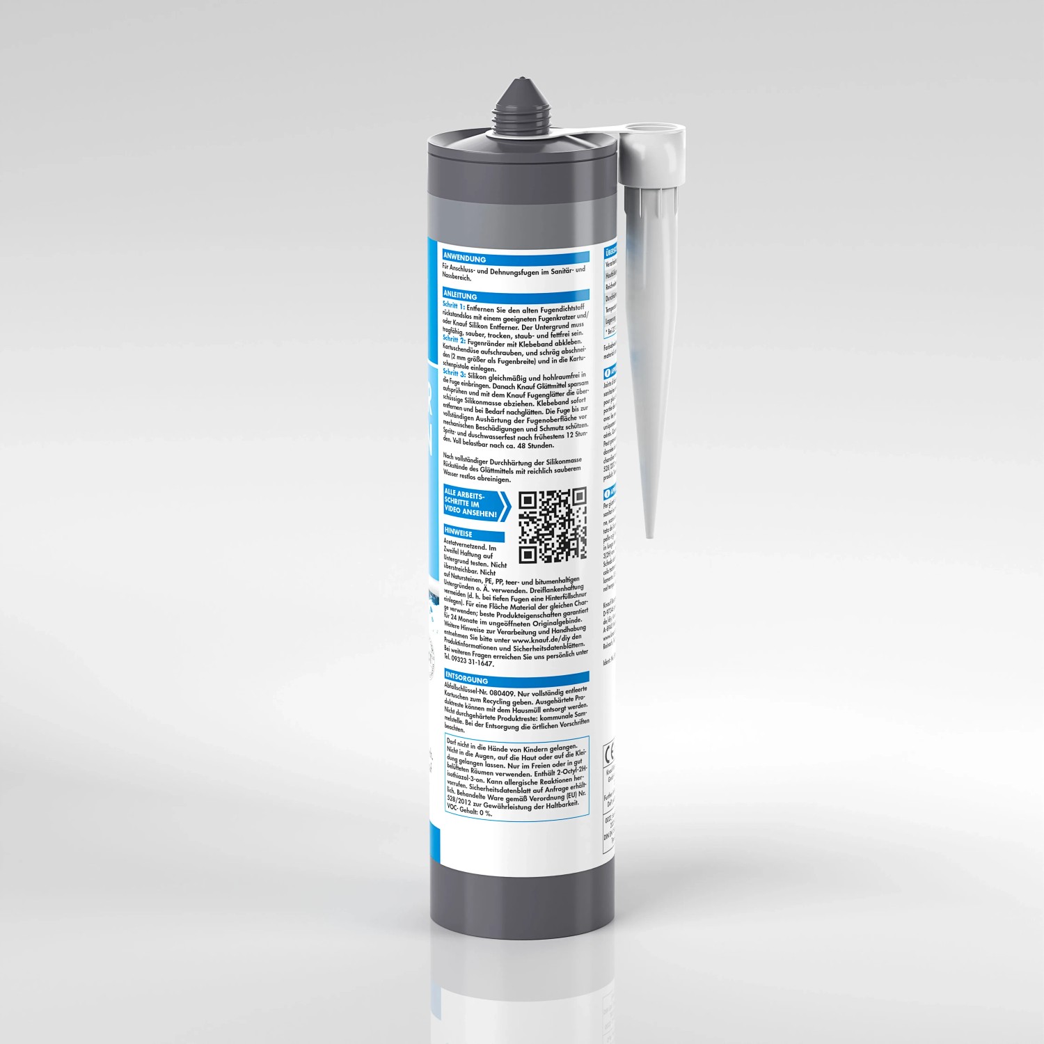 Graue Kartusche Knauf Sanitär-Silikon, geeignet für Bad und Küche.