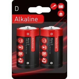 Verpackung mit zwei Alkaline Batterien Mono D, geeignet für Taschenlampen und Spielzeug.