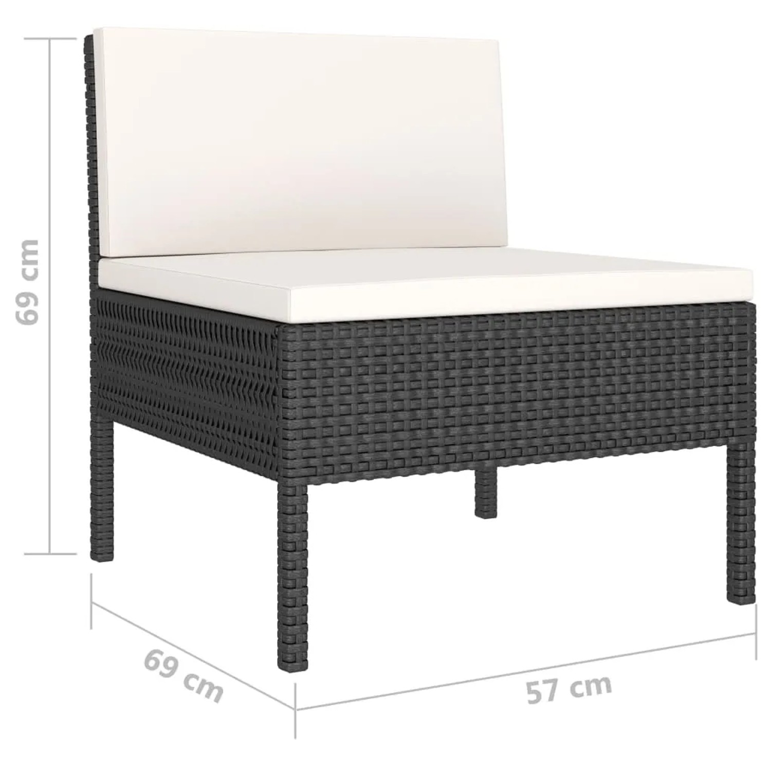 Schwarzes Rattan Gartenmöbel-Element mit cremeweißen Auflagen, Teil eines Lounge-Sets.