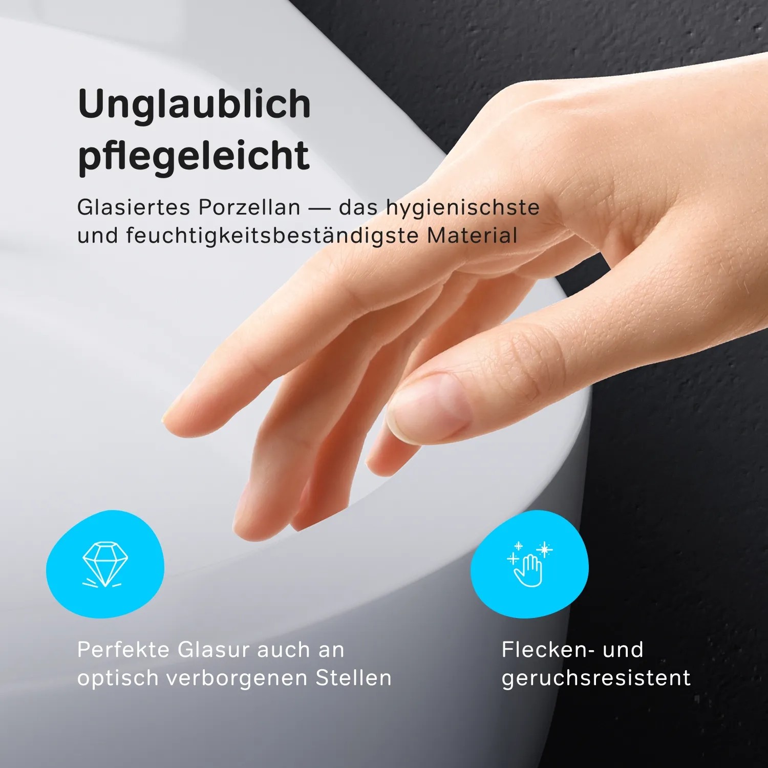 Detailaufnahme: AM.PM Wand-WC aus glasiertem Porzellan, reinigungsfreundlich und hygienisch.