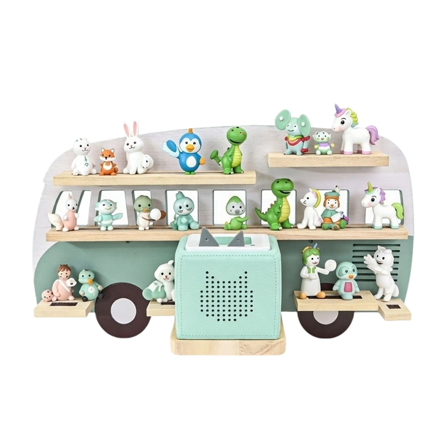 Relaxdays Toniebox Regal Bus MDF Kiefernholz Salbei Für 25 Tonies Mit Magnetstreifen 32 cm x 62 cm x 13 cm 1 kg