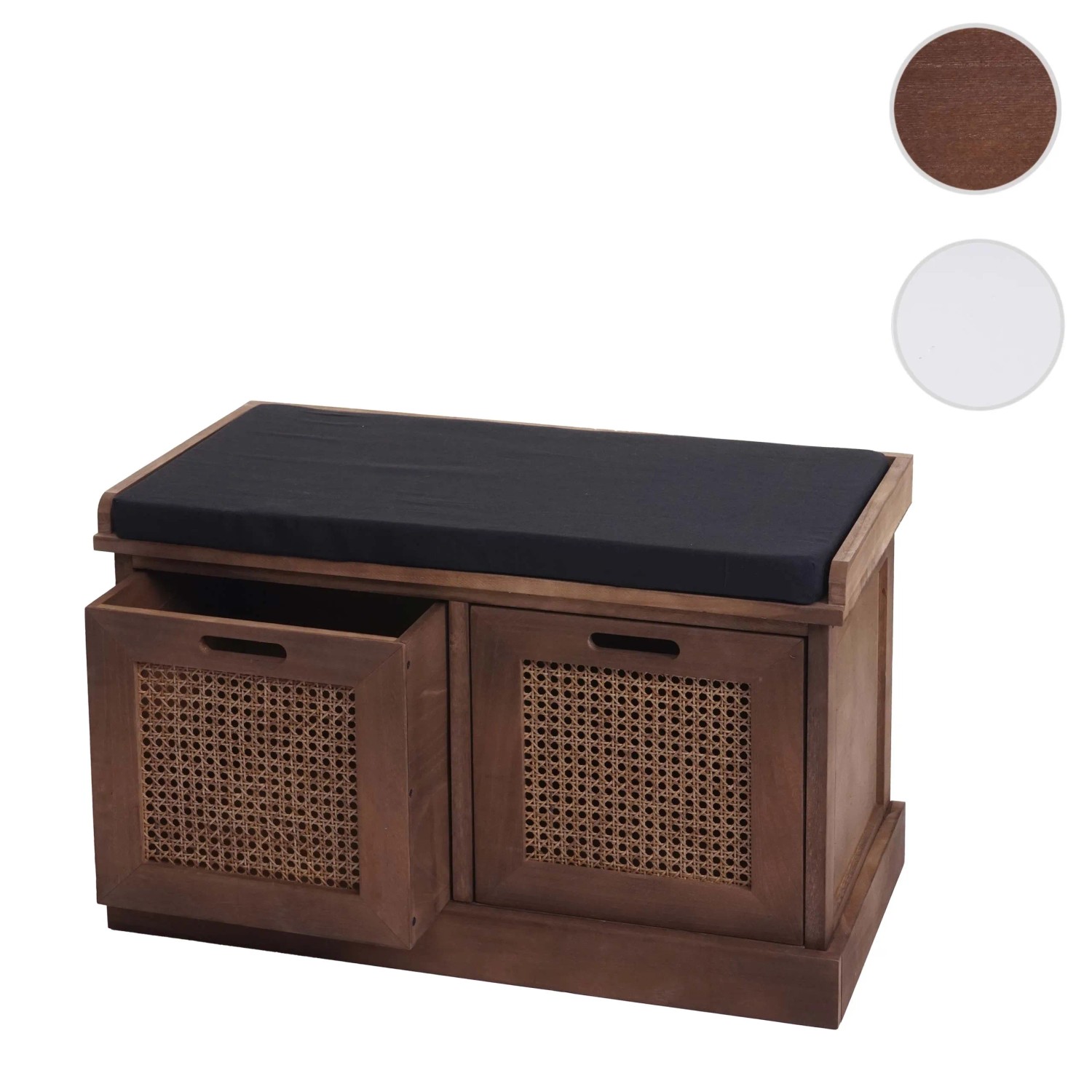 Braune Garderobenbank mit schwarzem Polster und zwei Aufbewahrungsboxen mit Rattangeflecht.