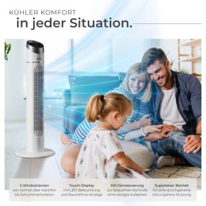 Weißer Tectake Turmventilator mit Familie im Wohnzimmer. Oszillierend, mit 3 Modi und Geschwindigkeitsstufen.
