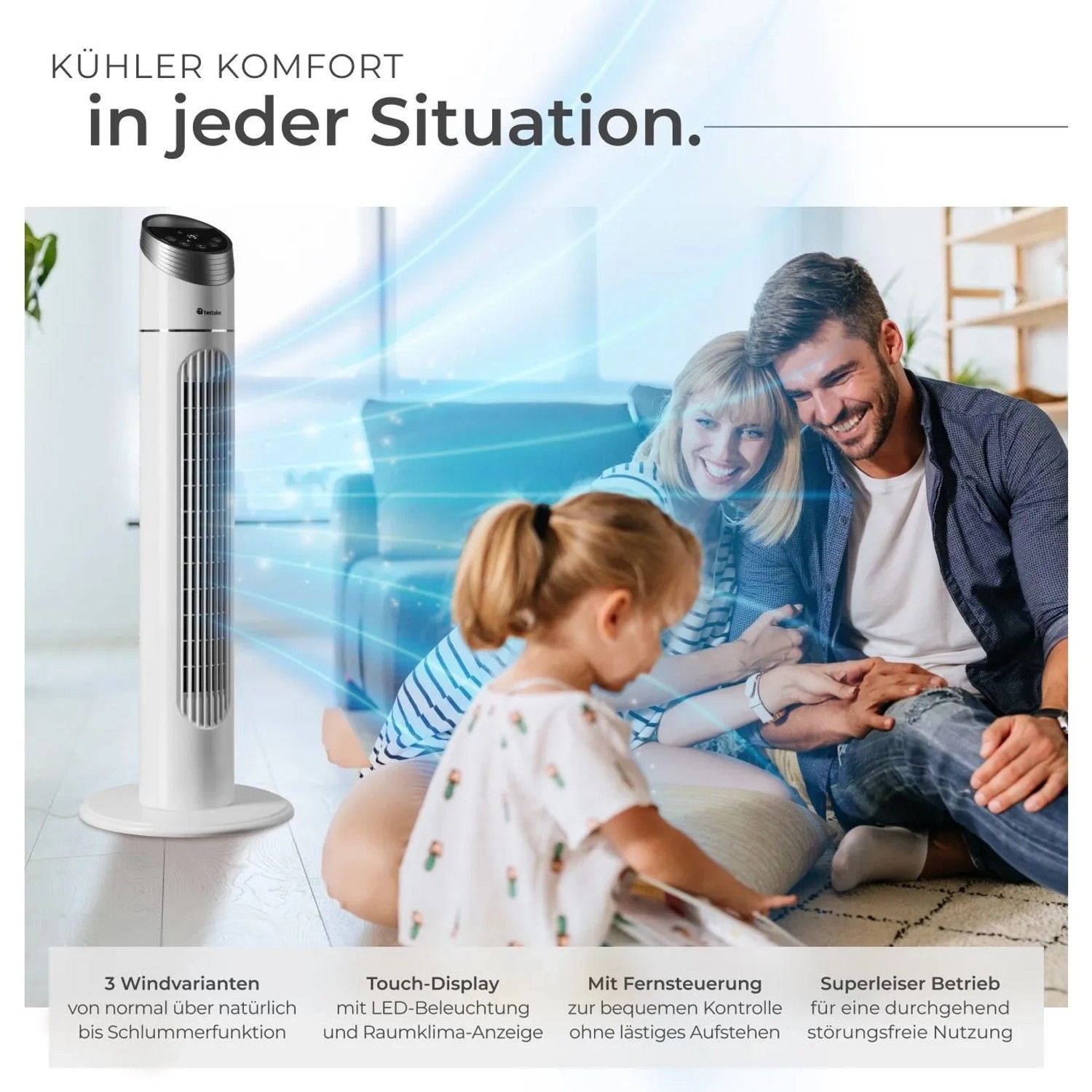 Weißer Tectake Turmventilator mit Familie im Wohnzimmer. Oszillierend, mit 3 Modi und Geschwindigkeitsstufen.
