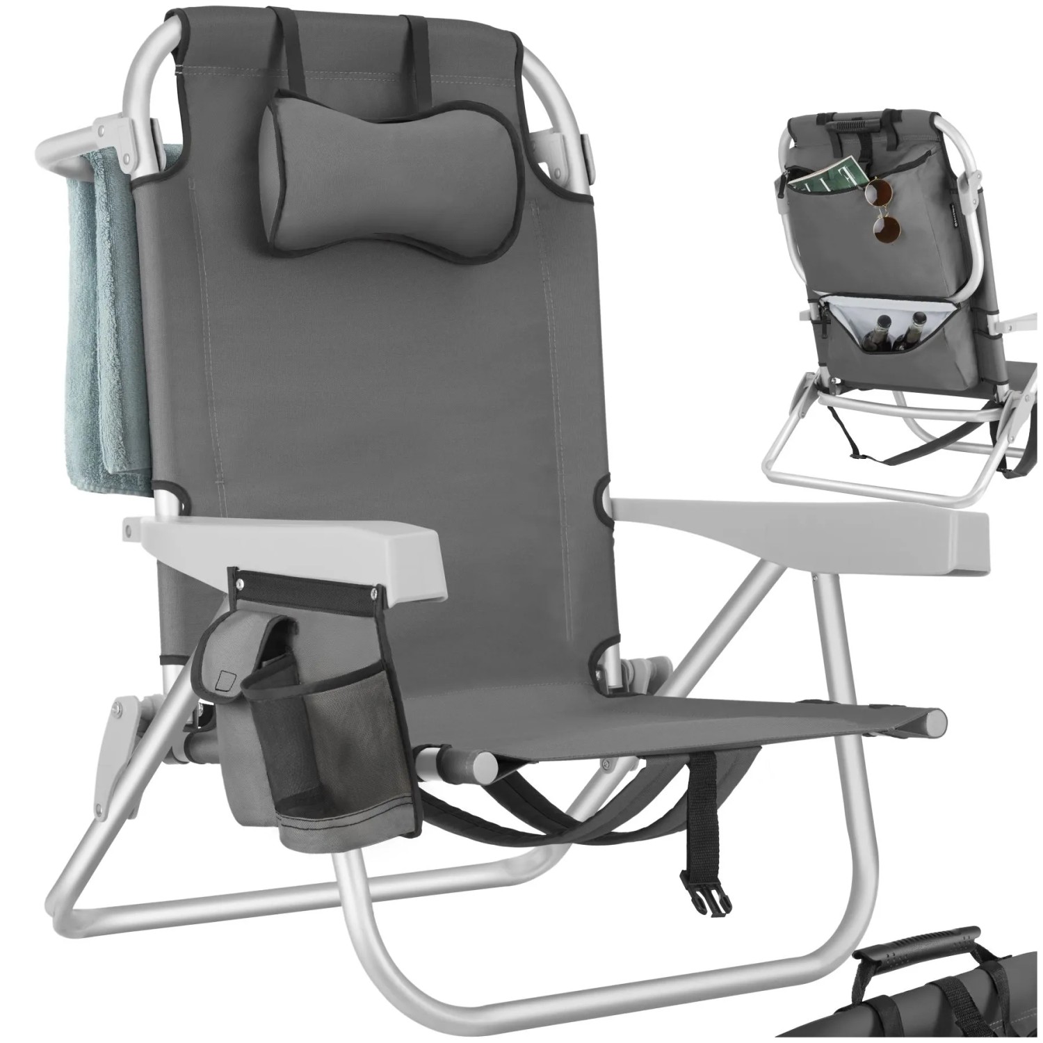 Tectake Aluminium Strandstuhl Coral Klappbar  Mit Rucksackfunktion Wetterfest und Uv Beständig Pro Stück 101 x 63 x 78 cm Grau