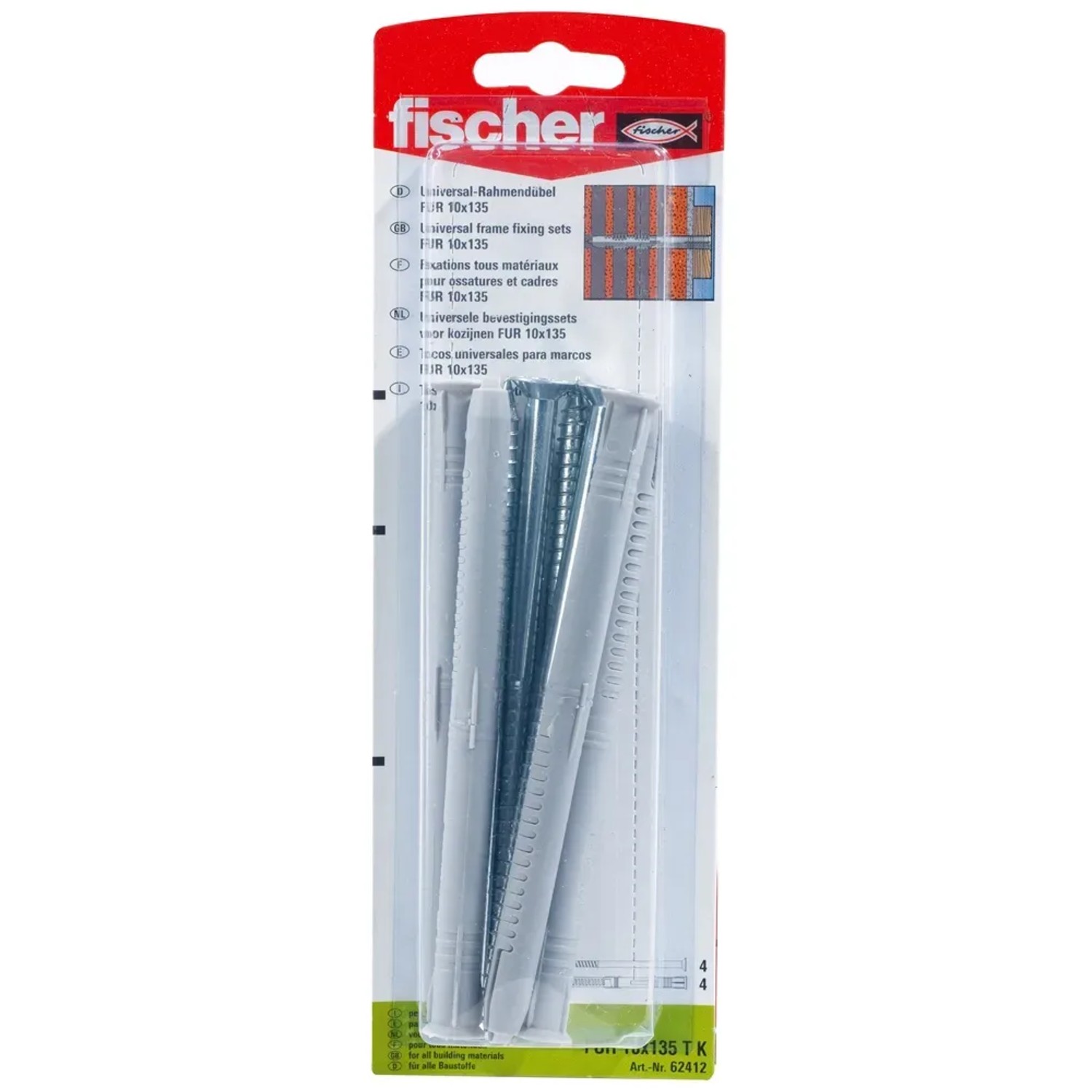 Fischer Universalrahmendübel FUR 10 x 135 T K mit Schraube (4 Stk.) im Blister.