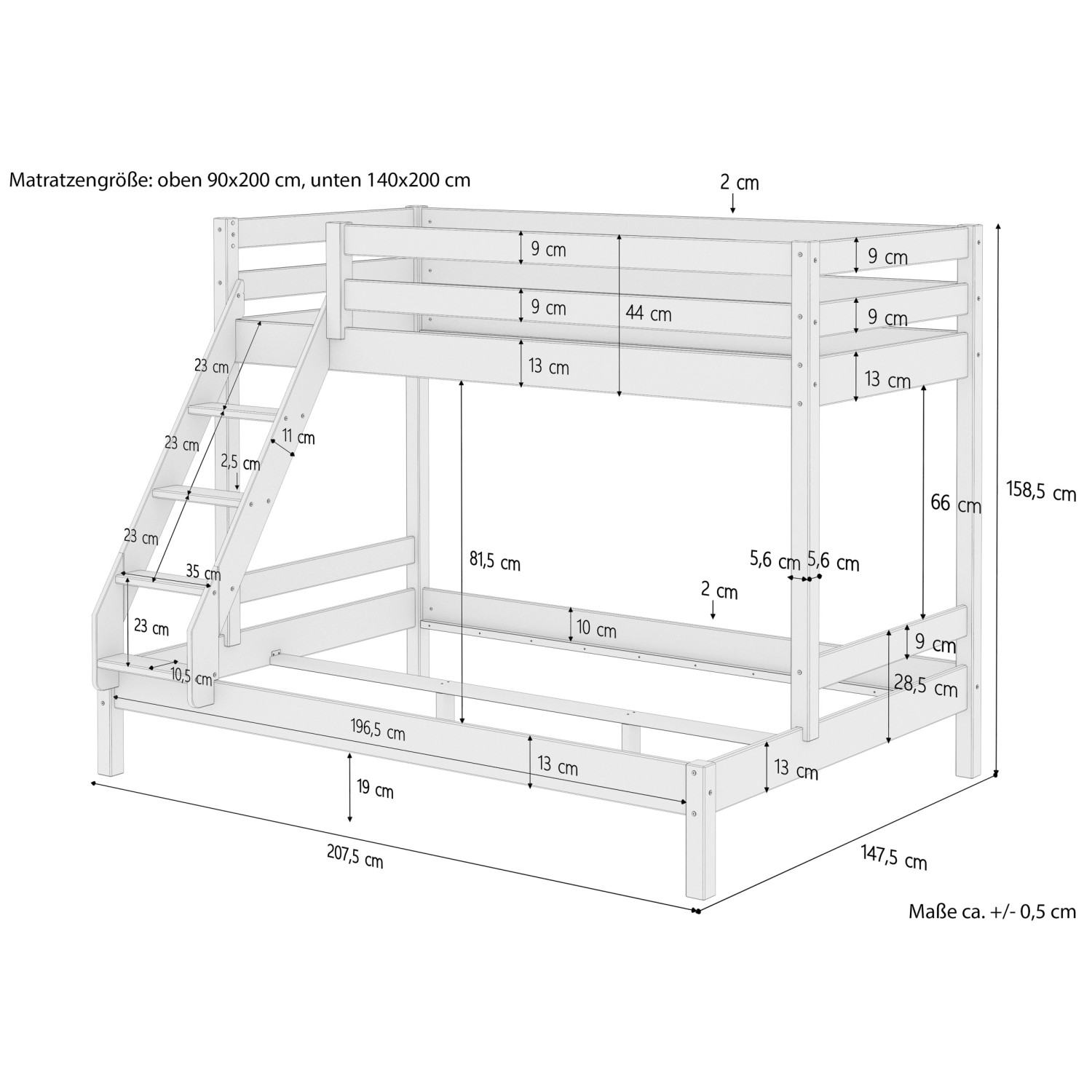 Weißes Doppel-Etagenbett aus Kiefernholz, 90x200 und 140x200 cm, mit Rollrost und Bettkasten.