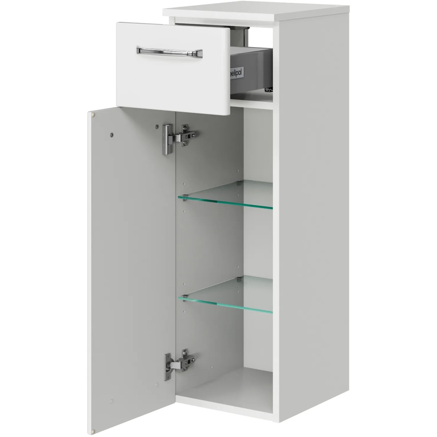 Pelipal Trentino Bad-Hängeschrank, Weiß Hochglanz, 30 cm breit, mit Schublade und Glasböden.
