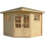 Unbehandeltes 5-Eck Gartenhaus Sunny-B mit Spitzdach, 230x224 cm.