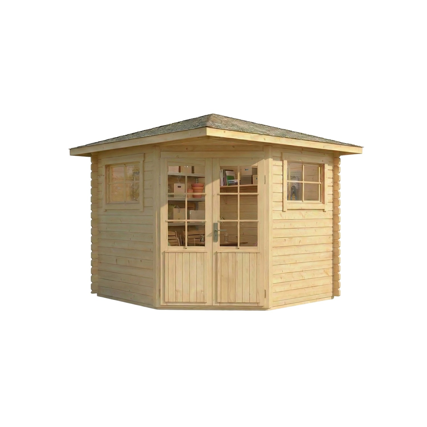 Unbehandeltes 5-Eck Gartenhaus Sunny-B mit Spitzdach, 230x224 cm.