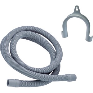 Grauer Ablaufschlauch (3 m) aus PVC mit zwei Anschlussmuffen und Halterung für Wasch- und Spülmaschine.